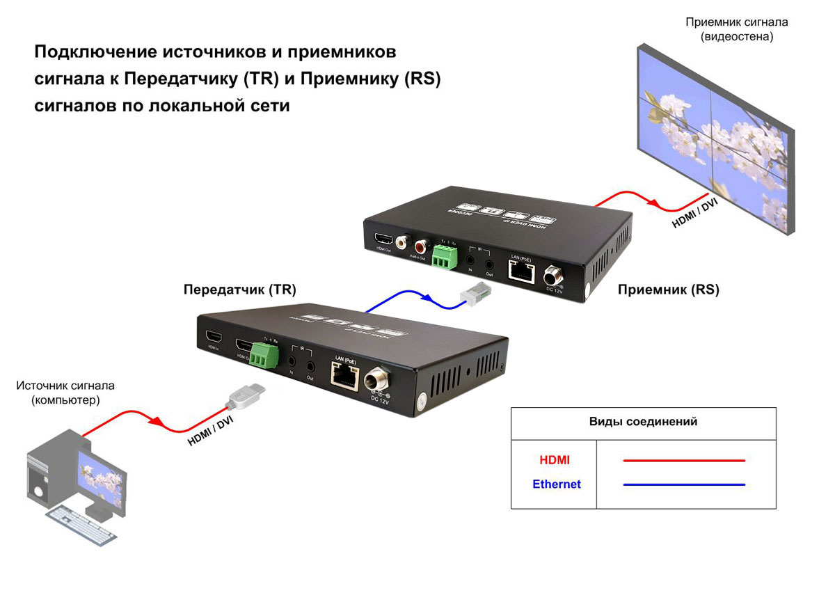 Панель подключения LX-460Q: передатчик и приёмник, HDMI и Gigabit Ethernet