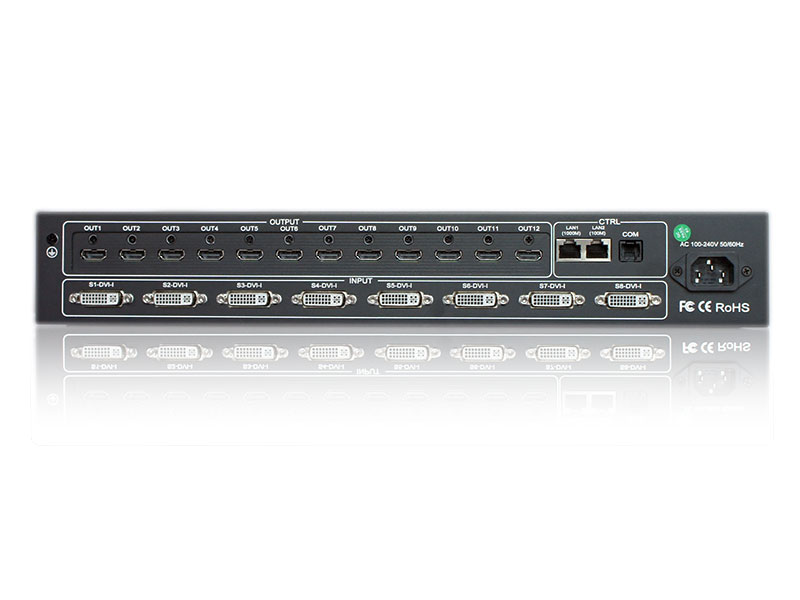 Панель подключения VW-812X: восемь входов DVI-U, двенадцать HDMI-выходов, LAN и COM